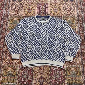 VTG 80s 90s McGregor‎ XL Geometric Abstract Diamond Knit Sweater Blue Gray